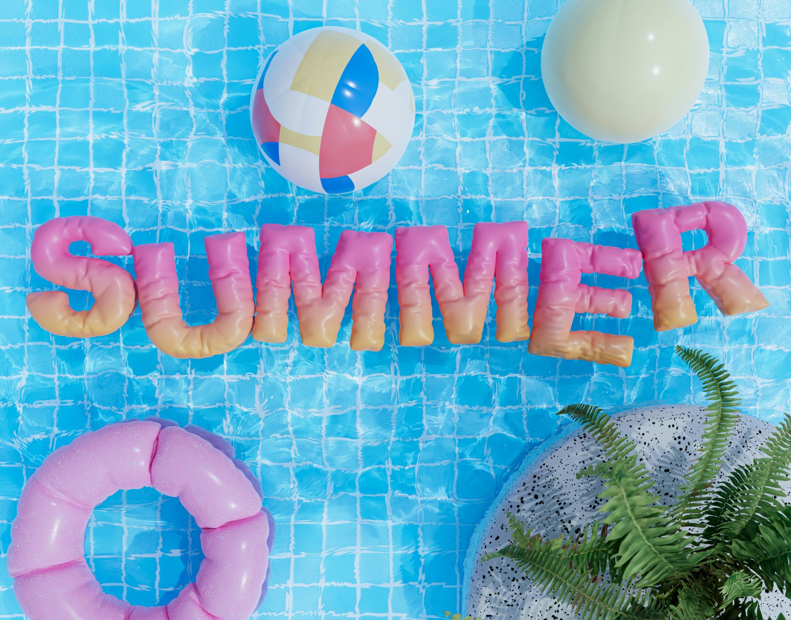 beach balls and "SUMMER" in a blue swimming pool