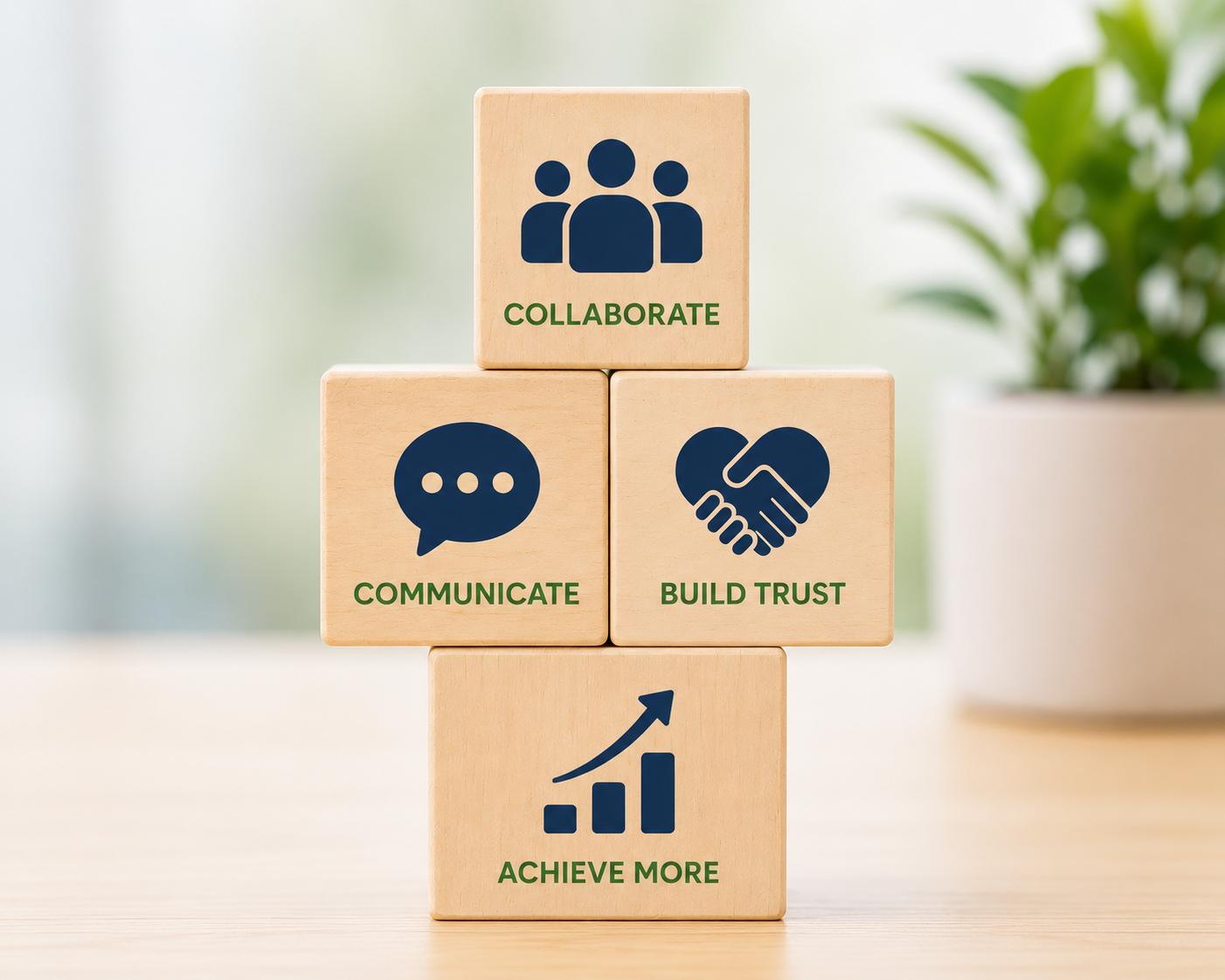 Image of Building Blocks that say "collaborate, Communicate, Build Trust and Achieve More."
